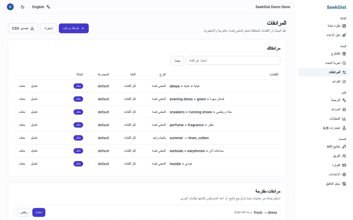 صفحة المرادفات: مرادفات بالعربية والإنجليزية، ومرادفات مقترحة من عمليات بحث لم تُرجع نتائج.