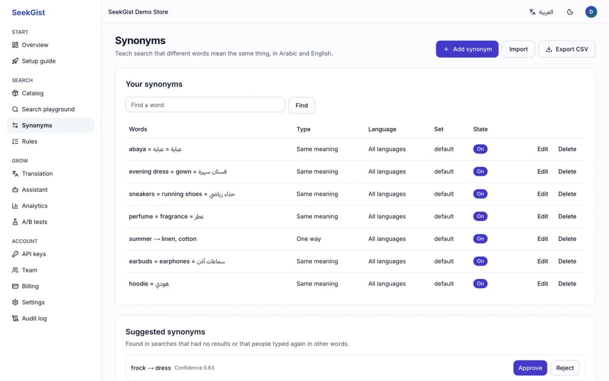 The synonyms page: synonyms in Arabic and English, and suggested synonyms found in searches that had no results.